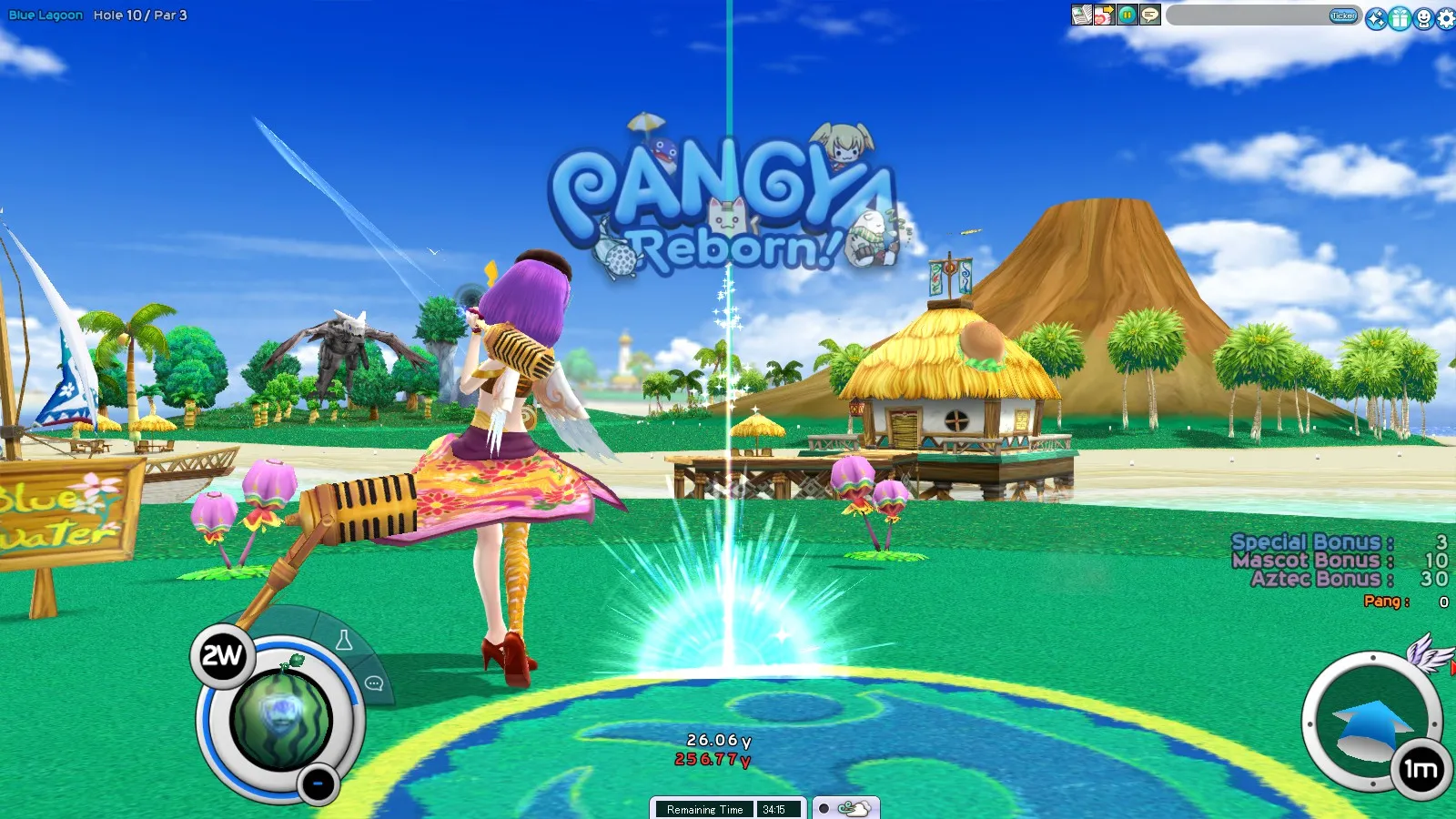 An ingame screenshot of Pangya Reborn. An stylized character with purple hair, a floral dress, and angel wings is hitting a golf ball into the distance. The Pangya Reborn logo is superimposed onto the screen.