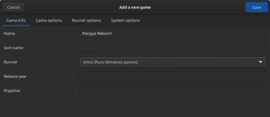 The Lutris interface for adding a new game. The "Game info" tab is open. The entered name is "Pangya Reborn!" and the selected runner is "Wine (Runs Windows games)"