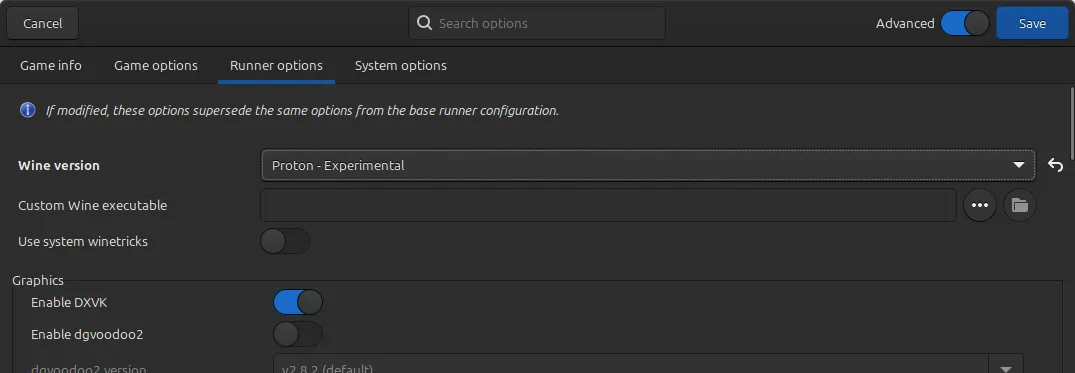 The Lutris interface for adding a new game. The "Runner options" tab is open. The Wine version has been set to "Proton - Experimental".