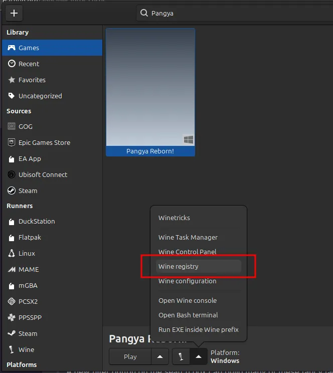 The Lutris library view. Pangya Reborn! is selected. The Wine dropdown is open, with the "Wine registry" option marked.