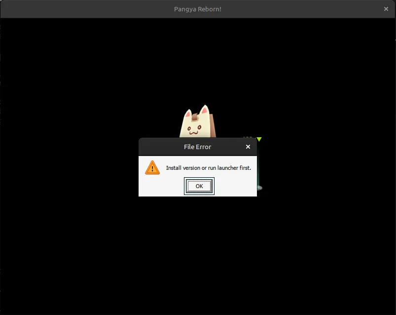 The first loading screen of Pangya Reborn. An error message is displayed in front. It reads: "File Error. Install version or run launcher first."