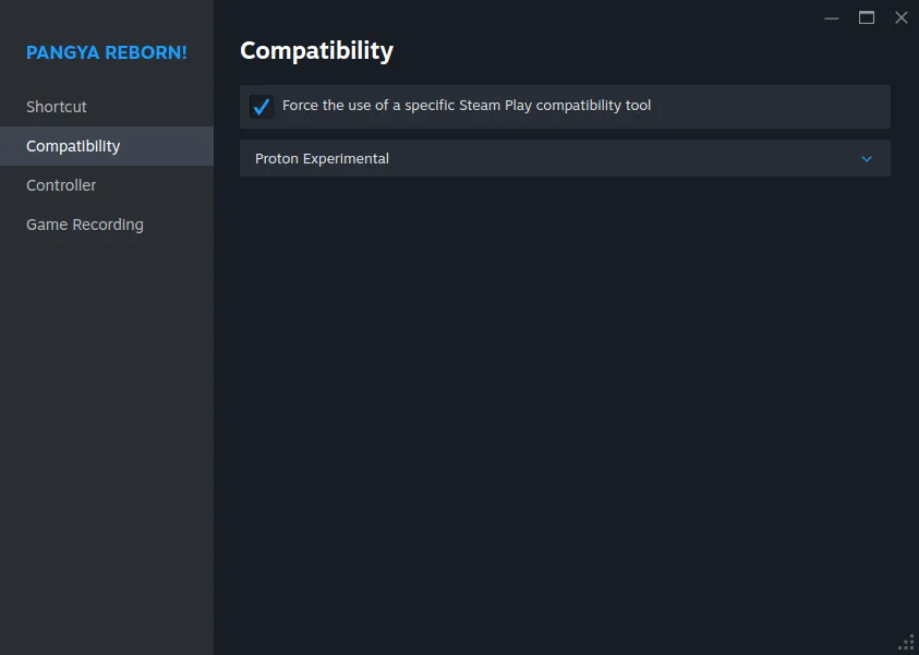 The Steam game properties interface. The "Compatibility" tab is open. The single checkbox, labelled "Force the use of a specific Steam Play compatibility tool", is checked. In the dropdown menu below, the selected option is "Proton Experimental".