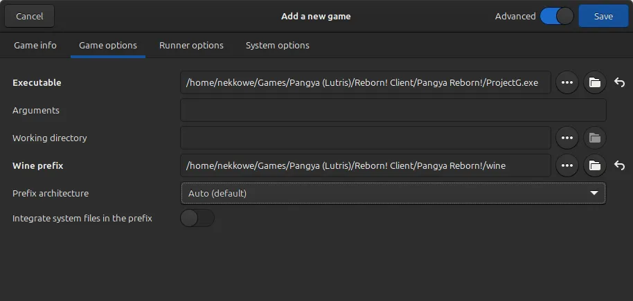 The Lutris interface for adding a new game. The "Game options" tab is open. Only the "Executable" and "Wine prefix" fields are filled out. The "Executable" field reads: "/home/nekkowe/Games/Pangya (Lutris)/Reborn! Client/Pangya Reborn!/ProjectG.exe". The "Wine prefix" field reads: "/home/nekkowe/Games/Pangya (Lutris)/Reborn! Client/Pangya Reborn!/wine".