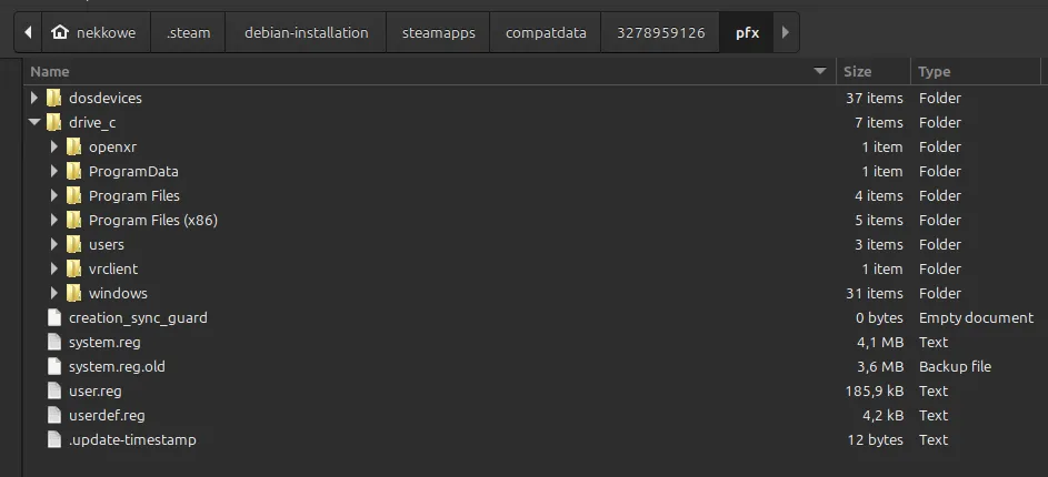 Screenshot of a typical wine prefix inside Steam's "compatdata" folder.