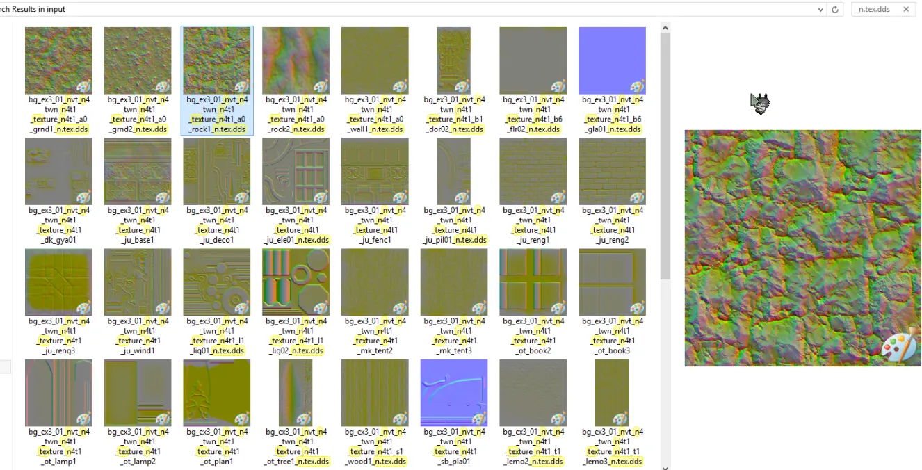 A folder full of .DDS files extracted from FF14. All the normal maps are oddly green.